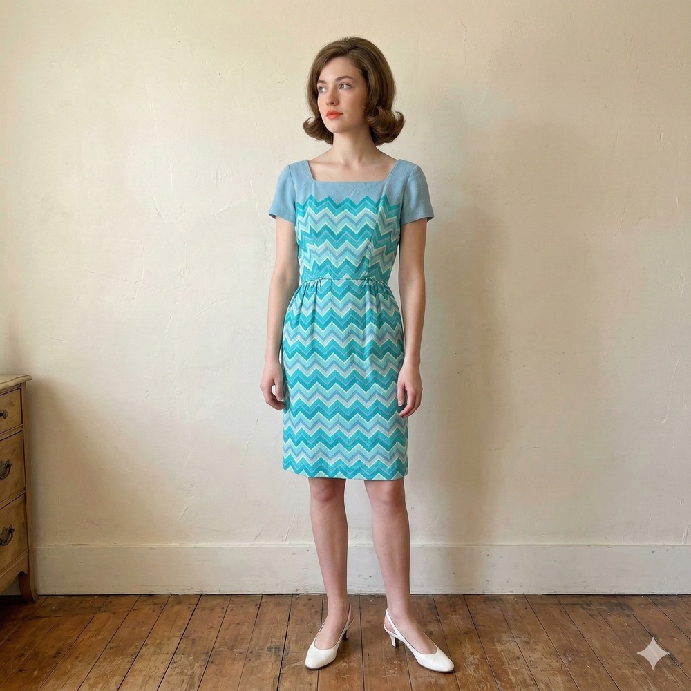 Vintage 60s Jeannette Alexander California Dress Womens Small Chevron Mod Blue